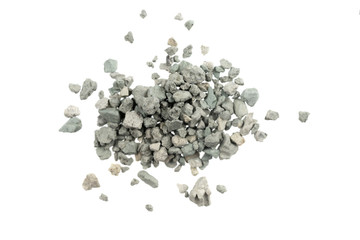 Gray small rocks ground texture isolated white background. black small road stone. gravel pebbles stone seamless texture. dark background of crushed granite gravel, close up. clumping clay