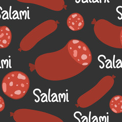 Hand drawn seamless pattern on the theme of National Salami Day on September 7. Decorated with a handwritten inscription and Salami.