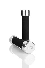 Two 1 kg dumbbells white background & reflection isolated close up, metal barbells with black handle set, pair fitness bar-bells, sport equipment, bodybuilding concept, healthy lifestyle, gym training