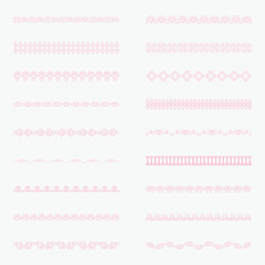 Set of horizontal isolated Light pink lace borders for design. Patterned elegant beautiful edge. Vector illustration