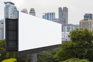 Blank white road billboard with Bangkok cityscape background at day time. Street advertising poster, mock up, 3D rendering. Side view. The concept of marketing communication to promote or sell idea.