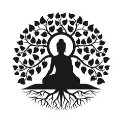 Fototapeta na wymiar Black Buddha Meditation under bodhi tree with leaf and root abstract circle style vector design