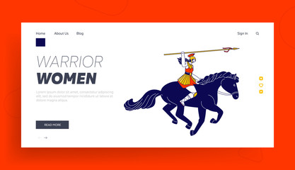 Woman Warrior with Weapon Landing Page Template. Amazon Female Character Fighting at War Riding Horse with Spear, Diana