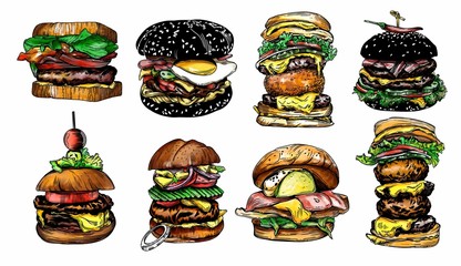 Illustration of different burgers. with detailed drawing in the style of the sketch. Color and black-and-white burgers.