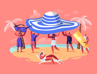 Summer Season, Vacation Concept. Tiny People Carry Huge Tropical Hat Enjoying Summertime Holidays, Relaxing on Beach