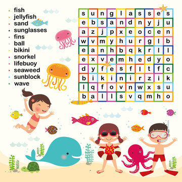 Education game for kids, Word search puzzle activity, kid and sea life, Vector flat style illustration