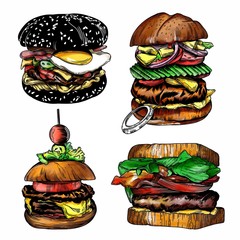 Illustration of different burgers. with detailed drawing in the style of the sketch. Color and black-and-white burgers.
