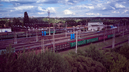 Aerial view of railway station in countryside. Bird's eye view of railroad station with freight trains in summertime.