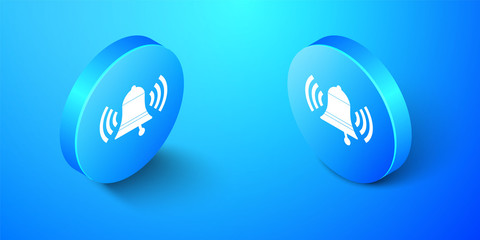 Isometric Ringing bell icon isolated on blue background. Alarm symbol, service bell, handbell sign, notification symbol. Blue circle button. Vector.