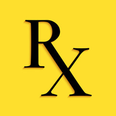 Black Medicine symbol Rx prescription icon isolated on yellow background. Long shadow style. Vector.