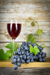 Fototapeta premium A glass of red wine and a bunch of grapes on a wooden background.