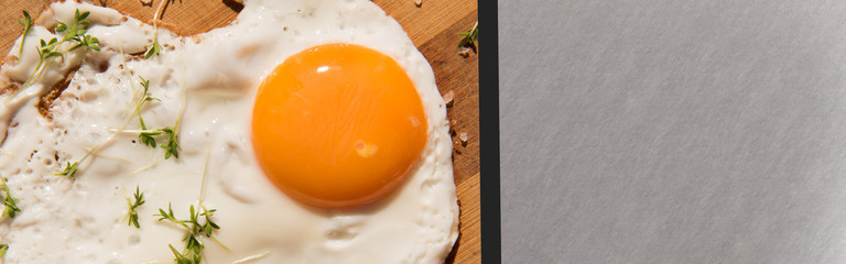 
fried egg on wooden board with space for text