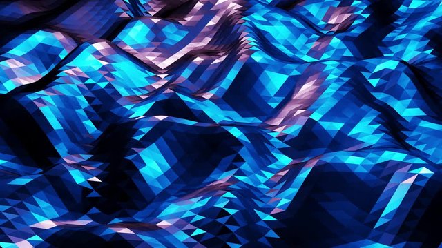 stylish dark abstract low poly background in 4k. Abstract waves move on glossy metallic surface in loop. Smooth soft seamless animation. Simple minimalistic geometric bg. Blue color