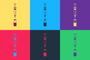 Fototapeta premium Pop art Medical syringe with needle and vial or ampoule icon isolated on color background. Vaccination, injection, vaccine, insulin concept. Vector.