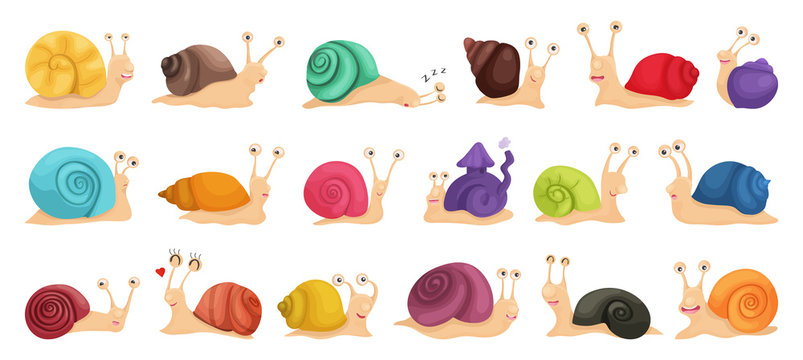 Vector illustration of a big collection of snail characters in cartoon style. Set of multicolored emotional, happy, smiling, funny snails for kids design or speed