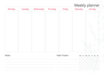 Vector white weekly planner with floral  design
