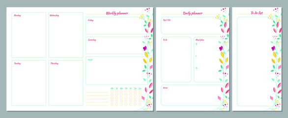 Set of planners with floral summer design. Weekly, daily planner and to do list - obrazy, fototapety, plakaty