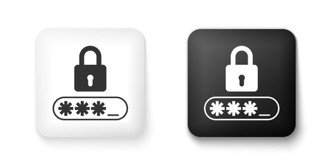 Black and white Password protection and safety access icon isolated on white background. Lock icon. Security, safety, protection, privacy concept. Square button. Vector.