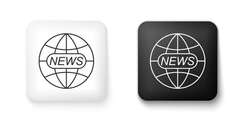 Black and white World and global news concept icon isolated on white background. World globe symbol. News sign icon. Journalism theme, live news. Square button. Vector.