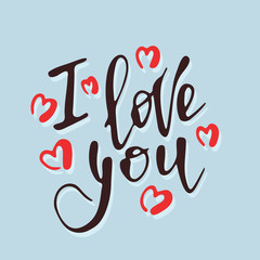 Hand drawn lettering I love you with red hearts