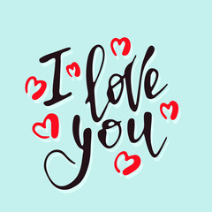 Vector hand drawn lettering I love you with red hearts