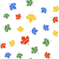 Color Canadian maple leaf with city name Montreal icon isolated seamless pattern on white background. Vector.