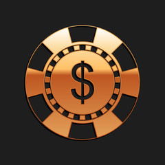 Gold Casino chip and dollar symbol icon isolated on black background. Long shadow style. Vector.