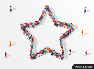 Big group of people standing in a star sign.