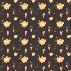 Cute kawaii square seamless pattern for mother's day with hearts on brown background. Textured floral digital art. Print for wrapping paper, fabric, postcard, invitation, wallpaper, stationery
