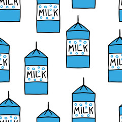 Fototapeta premium Milk in a packaging container isolated on a white background. Cute seamless pattern. Vector flat graphic hand drawn illustration. Texture.