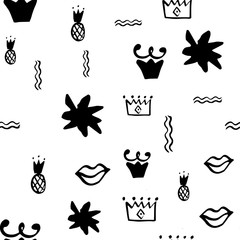 Trendy seamless sketch memphis 90s 80s style with hand drawn lips, pineapple, crown for print design. Vector abstract graphic design.