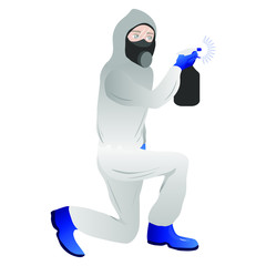 Virus Prevention A man wears a protective suit and disinfects items. Healthcare concept. Global epidemic or pandemic. Vector illustration