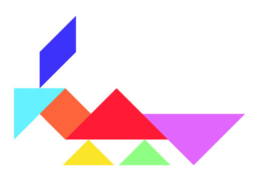 Color tangram puzzle in peacock shape on white background