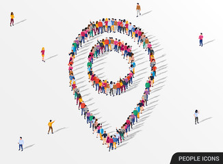 Large group of people crowded in form of map pointer.