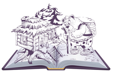 Teremok russian fairy tale open book illustration. Bear and house with animals