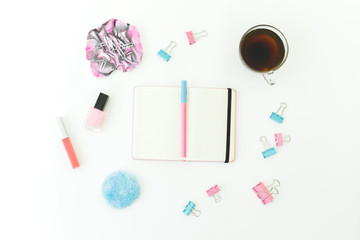 Fototapeta na wymiar Resin art with diary, clips, lipstick, nail polish and tea cup on white background. Feminine concept. Flat lay