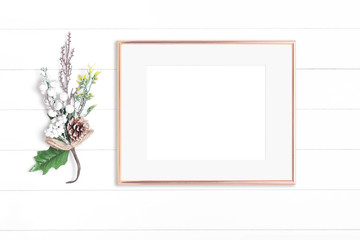 Rose gold horizontal frame on white background