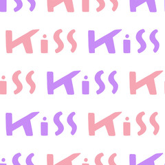Kiss. Vector seamless pattern with calligraphy hand drawn text. Good for wrapping paper, wedding card, birthday invitation, pattern fill, wallpaper
