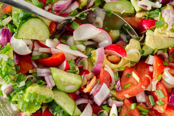 summer vegetarian vegetable salad. home cooking Vitamin salad of tomato, cucumber, onion, avocado and radish. top view of the vitamin salad.