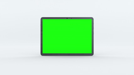 Demonstration of a tablet with green screen, computer generated. Touchscreen device, 3d rendering. Computer generated modern backdrop.