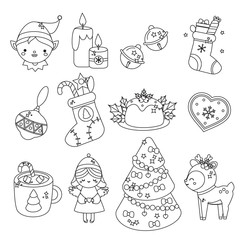 Cute Christmas line icons. Elf, spruce, deer and other New Year holiday symbols in kawaii style. Collection of isolated vector design elements