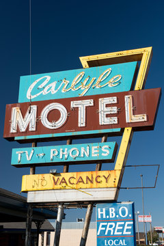 Route 66, United States. Some of Motel, Hotel and Cafe beautiful  vintage sign taken traveling on Old Route 66 that crosses eight states in the US. Photographs taken in November 2012
