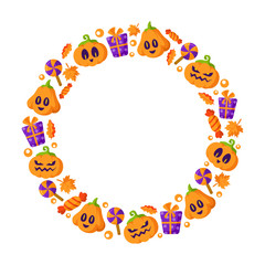 Halloween cartoon round frame or wreath with elements - scary pumpkin lantern with creepy face, candy cane, lollipop, autumn leaf, violet gift box - traditional holiday symbols - isolated vector