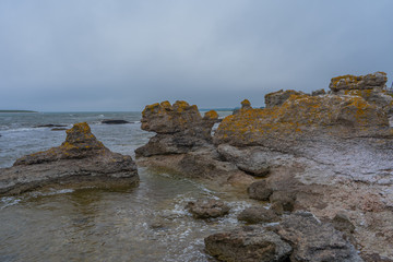 Rocks near Baltic sea. Rocky shore in Sweden. Gotland island. Photo of scandinavian nature. North Europe.