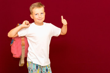 Happy joyful schoolboy wearing backpack and giving thumbs up isolated on red wall