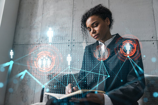 Businesswoman taking notes and social media icons hologram. Double exposure. Technology security network solution concept.