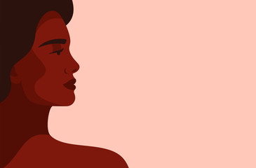 Side view face of a young strong African woman on light background. Concept of fighting for equality and black women empowerment movement. Vector horizontal banner.