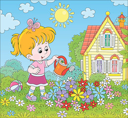 Obraz na płótnie Canvas Smiling little girl watering colorful flowers on a flowerbed on a green lawn in front of her house on a sunny summer day, vector cartoon illustration