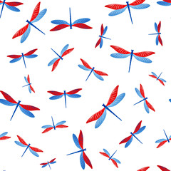 Dragonfly flat seamless pattern. Repeating clothes fabric print with flying adder insects. Flying 