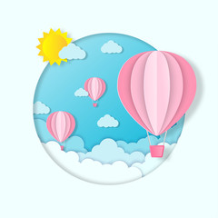 Ballon and Cloud in the blue sky with paper art design , vector design element and illustration
